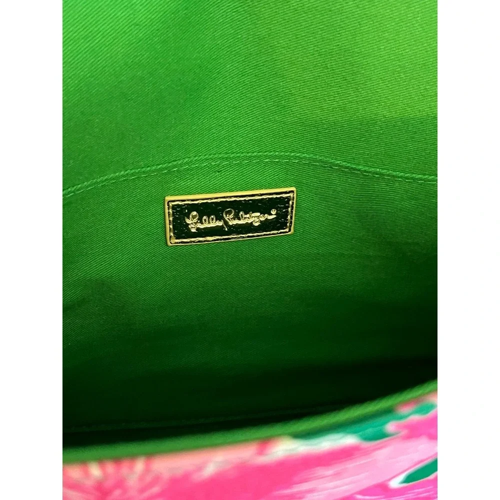 Lilly‎ Pulitzer Clutch Pink Green Floral Print White Lace Trim Gold Accents